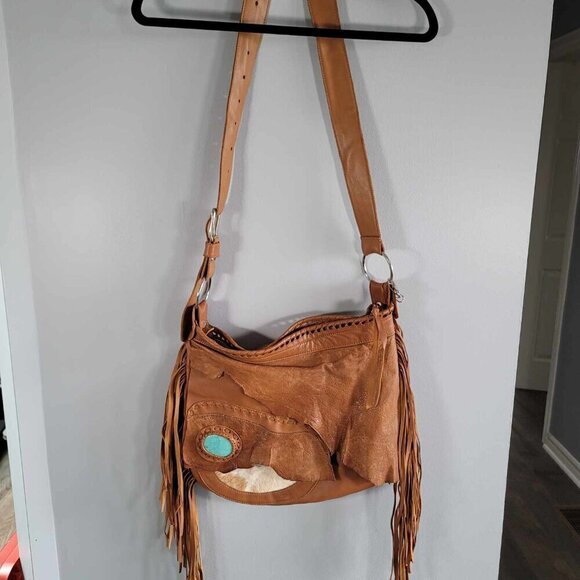 Handmade leather and cow hide bag with Turquoise stone, made by Sweet Smoke Bags - Picture 3 of 15